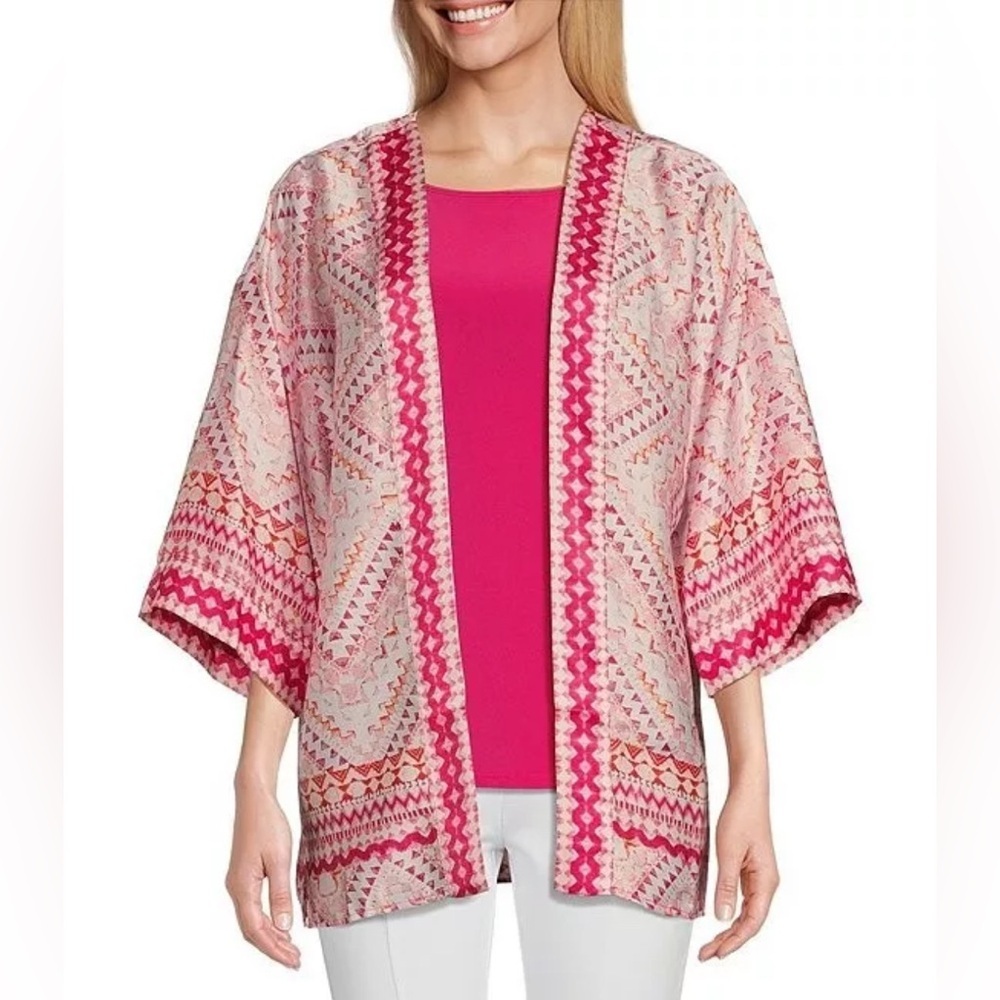 NEW Plus Size Slim Factor Investments Mosaic Open Front 3/4 Sleev Kimono $90